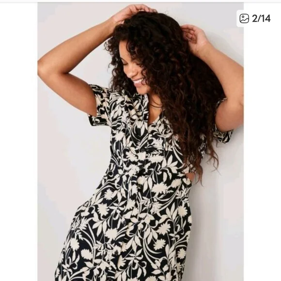 Old Navy Waist-Defined Midi Shirt Dress Navy Blue White Floral L - Picture 2 of 10